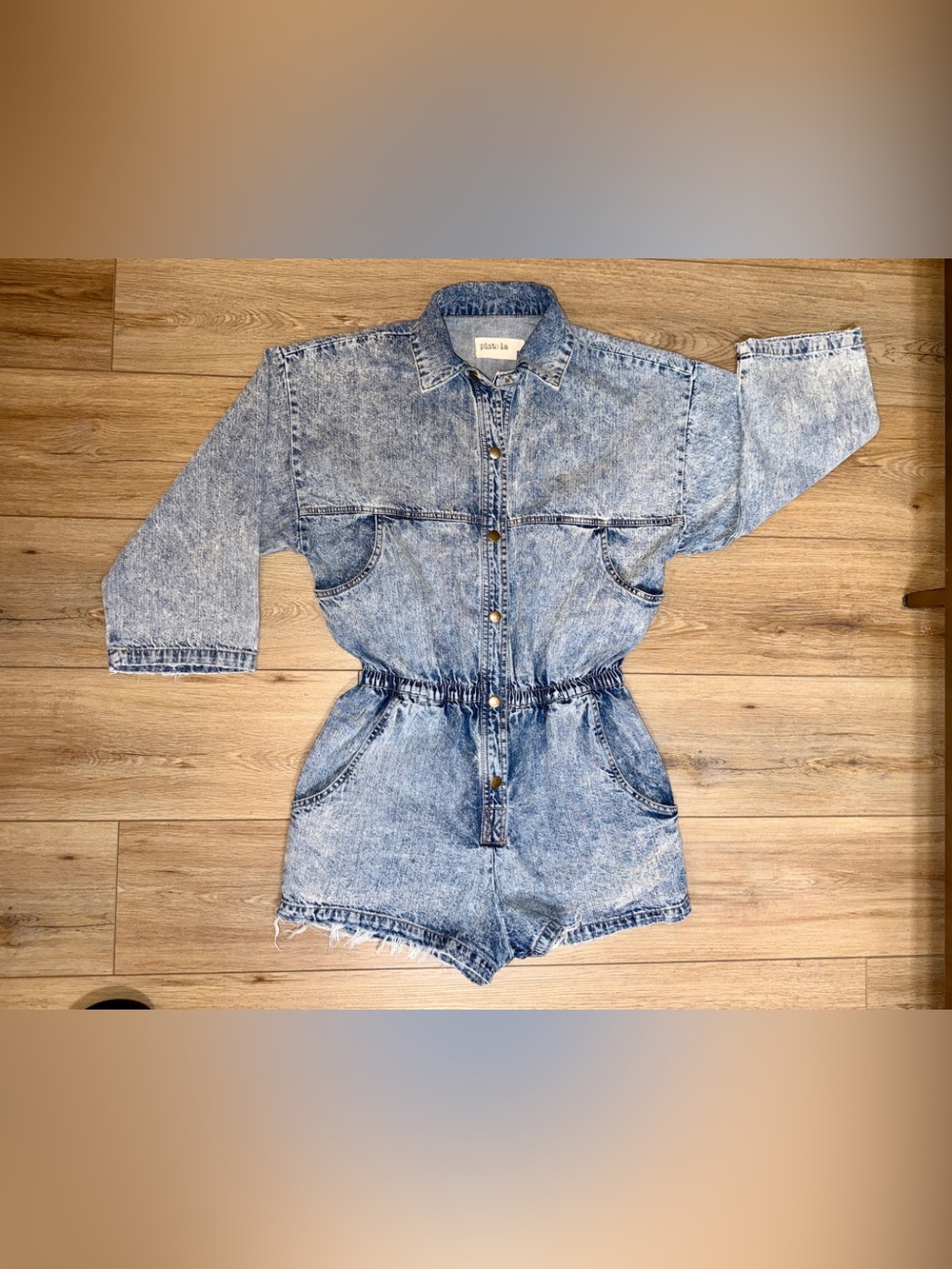Pistola Denim Romper Acid Wash Distressed Button Front Size M